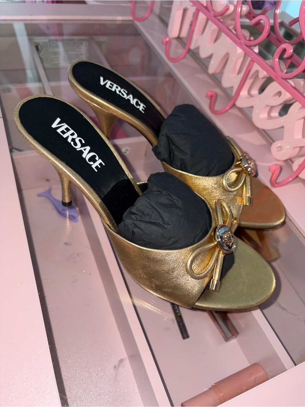 Versace Gold Bow-Accent Women's Heeled Mules - Picture 3 of 8